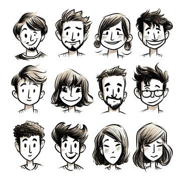 人物　色々な人の顔　ペン画セット