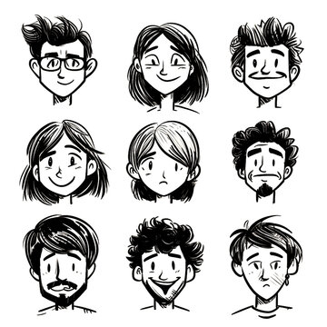 人物　色々な人の顔　ペン画セット