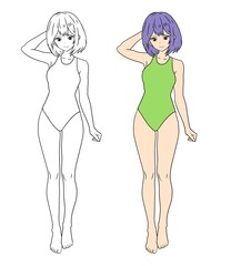 Illustration, sketch of a girl in a swimsuit in a good mood with anime style. Line art