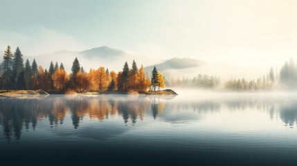 An alpine lake with mountains and trees, colorful reflections on the water, fog, mountains on the background, landscape photography, wallpaper