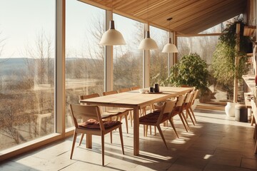 Fototapeta premium A sunlit dining area featuring a long wooden table, modern chairs, and large windows overlooking nature-inspired Scandinavian landscapes