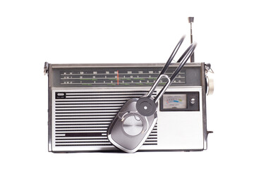 Retro ghetto radio boom box cassette recorder from 80s with headphones