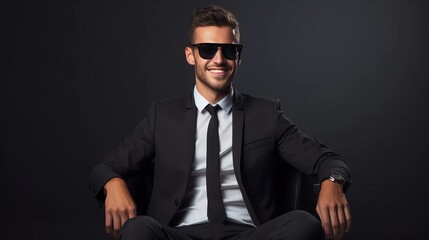 Cheerful young handsome man in suit with sunglasses and smiling looking at camera while sitting on chair on dark background.