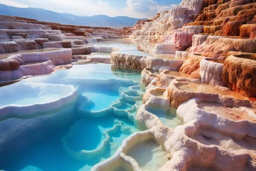 Fototapeten multicolor celebrates striking beauty of Pamukkale in Turkey, showcasing terraces of white mineral-rich water, surreal landscapes, and sense of wonder evoked by this unique natural formation © Daniel
