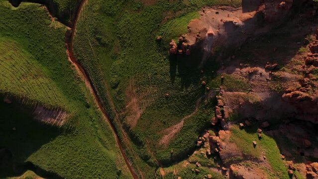 erzurum narman fairy chimneys green grass on red soil aerial view 4K