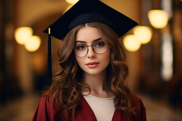 Portrait of young cute student girl in glasses university graduate in student robe and hat