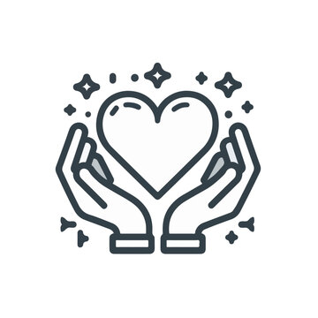 Heart symbol holding hands, charity icon concept. Outline style icon in white, gray and black. Love icon. Symbol of health and medicine. Vector design with no background