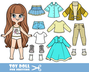 Cartoon long haired brunette girl and clothes separately - dress, long sleeve, shirt, short coat with sweater, jeans and sneakers doll for dressing