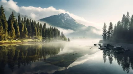 Fototapete Wald im Nebel An alpine lake with mountains and trees, colorful reflections on the water, fog, mountains on the background, landscape photography, wallpaper