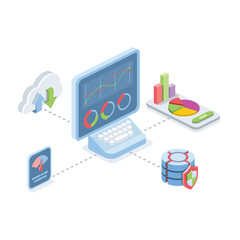 Graphs and charts, screen, analytics and graphs, databases, cloud technologies and data transfer. Vector 3d isometric, color web icons, new flat style. Creative design idea for infographics.