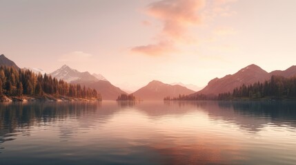 Obraz premium A sunset over a calm lake, colorful reflections on the water, mountains on the background, landscape photography, wallpaper