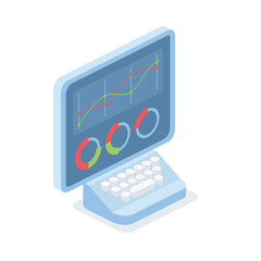 Graphs and charts, screen, analytics. Vector 3d isometric, color web icons, new flat style. Creative design idea for infographics.