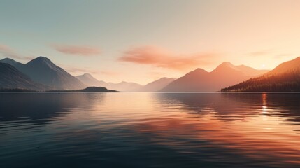 Fototapeta premium A sunset over a calm lake, colorful reflections on the water, mountains on the background, landscape photography, wallpaper