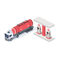 Tank truck, gas station. Vector 3d isometric, color web icons, new flat style. Creative design idea for infographics.