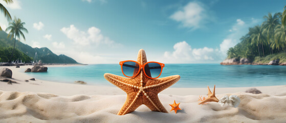 Fototapeta na wymiar A starfish wearing a sunglasses by the beach.