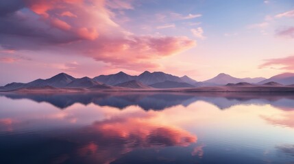 Fototapeta premium A sunset over a calm lake, colorful reflections on the water, mountains on the background, landscape photography, wallpaper