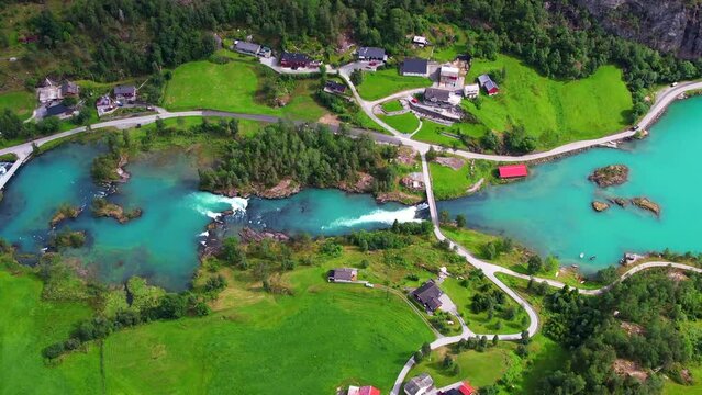 Aerial view above the fjord and lake of Lovatnet near Loen Norway