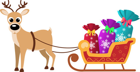Christmas story time. A deer carries gifts in a sleigh. Christmas and New Year vector composition.