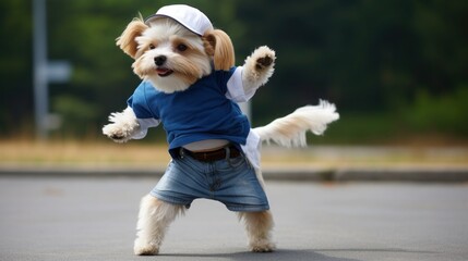 Obraz premium funny dog pug in clothes and sunglasses dancing outdoors at a music festival