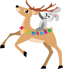 Christmas story time. A hare rides a deer. Christmas and New Year vector composition.
