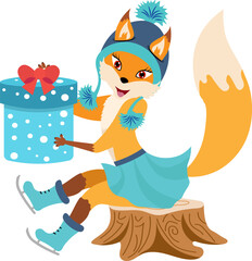 Christmas story time. The fox sits on a tree stump wearing skates and holding a gift. Christmas and New Year vector composition.