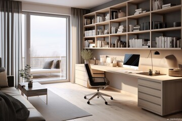 Fototapeta na wymiar A well-organized home office with sleek furniture, functional storage, and soft lighting creating a productive Scandinavian workspace