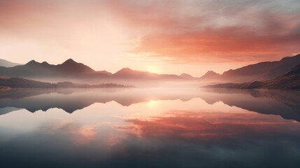 A sunset over a calm lake, colorful reflections on the water, mountains on the background,...