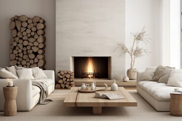 An inviting living room with a fireplace, showcasing neutral tones, plush textures, and Nordic-inspired decor elements