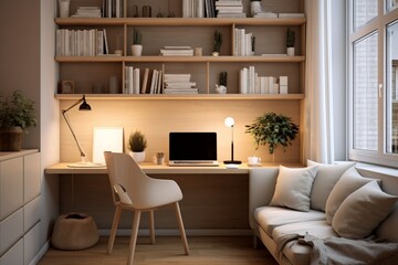 Fototapeta na wymiar Charming Scandinavian study corner with warm lighting and contemporary workspaces