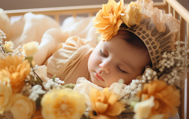Obraz na płótnie Canvas Newborn baby lying in a crib with flowers.
