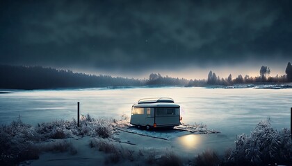 mobile home on the shore of the lake with fishermen
suitable as a background