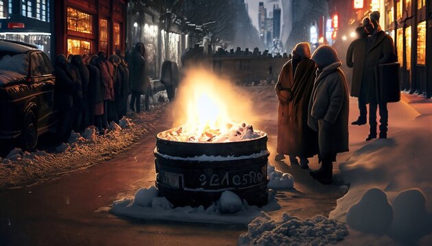 night winter street with homeless people warming themselves by the fire