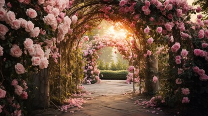picturesque garden featuring a white trellis archway covered in blooming pink roses