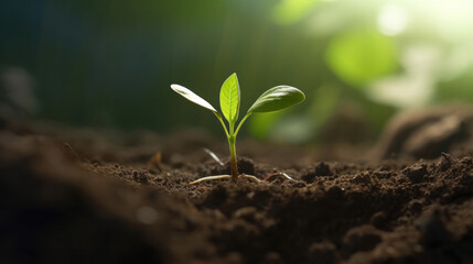 A young plant sprouting from rich soil, bathed in ethereal light, symbolizes new beginnings and growth