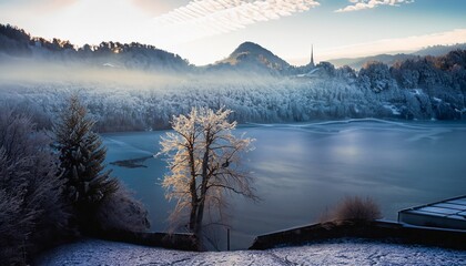 winter nature with lake and mountains suitable as background