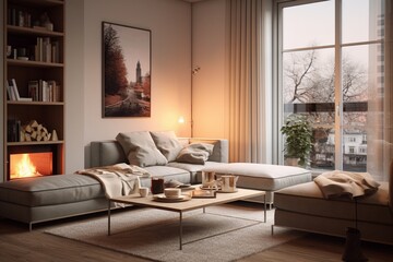 Cozy Scandinavian living room with modern tones, featuring sleek furniture and warm lighting