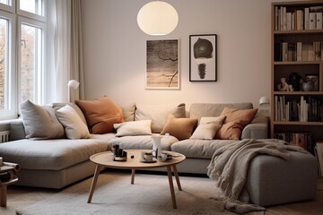 Fototapeta na wymiar Cozy Scandinavian living room with modern tones, featuring sleek furniture and warm lighting