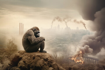 Gorilla and industrial factory, disaster for wildlife animals, damage of the environment and ecosystem, climate change, earth day - obrazy, fototapety, plakaty