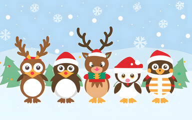 Fototapeta premium Christmas-themed animals reindeer with red noses, penguins in Santa hats, or owls with festive scarves