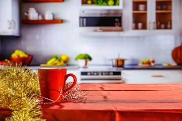 Desk of free space in kitchen interior and empty space for your decoration. Mockup background and home interior. 