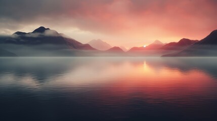 A sunset over a calm lake, colorful reflections on the water, mountains on the background, landscape photography, wallpaper