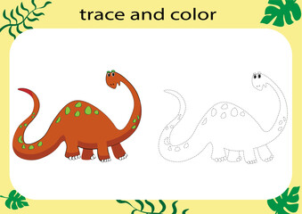 Trace and color the cartoon dinosaur. Handwriting practice for kids. Educational worksheet for children. Printable worksheet. Vector illustration.