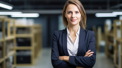Smilling businesswoman standing, looking at the camera.
