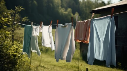 Clothes hanging on outdoor clothesline or washing line rope in a rural setting, swaying gently in the breeze under the open sky. A simple and natural scene of laundry drying in the countryside.