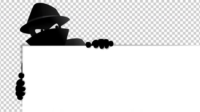Animation loop of a criminal on the lookout looking to the left, to the right posted on the top left  corner of a white panel with transparency and alpha channel