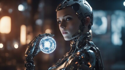 person in helmet cyber girl half human half robot flesh falling off showing robot underneath,  