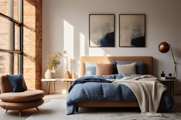 Bedroom in a scandinavian interior style with neutral decor and posters above the bed, minimalist style. Generative AI