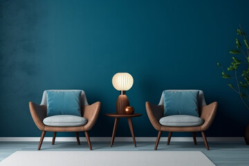 Modern cozy living room with two chairs and little table on deep blue background. Generative AI