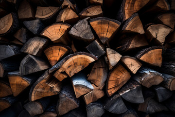 Stacks of firewood. Preparation of firewood for the winter. Pile of firewood. Generative AI