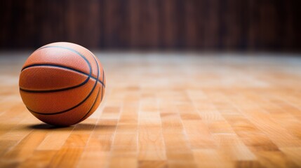  a close up of a basketball on a basketball court with a wooden floor in the foreground and a wooden wall in the background.